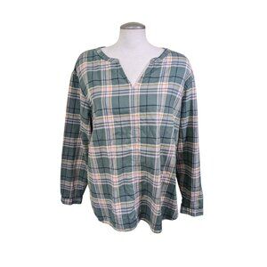 LL Bean Womens XL Whisperweight Flannel Popover Top Sage Green Plaid V Neck